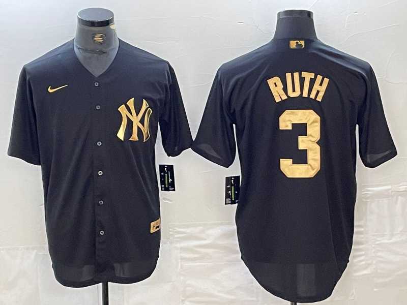 Mens New York Yankees #3 Babe Ruth Black Gold Cool Base Stitched Jersey